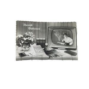 Vintage Beautiful Dutch Girl on TV RPPC Postcard 1950's Hartelyk Gefeliciteerd